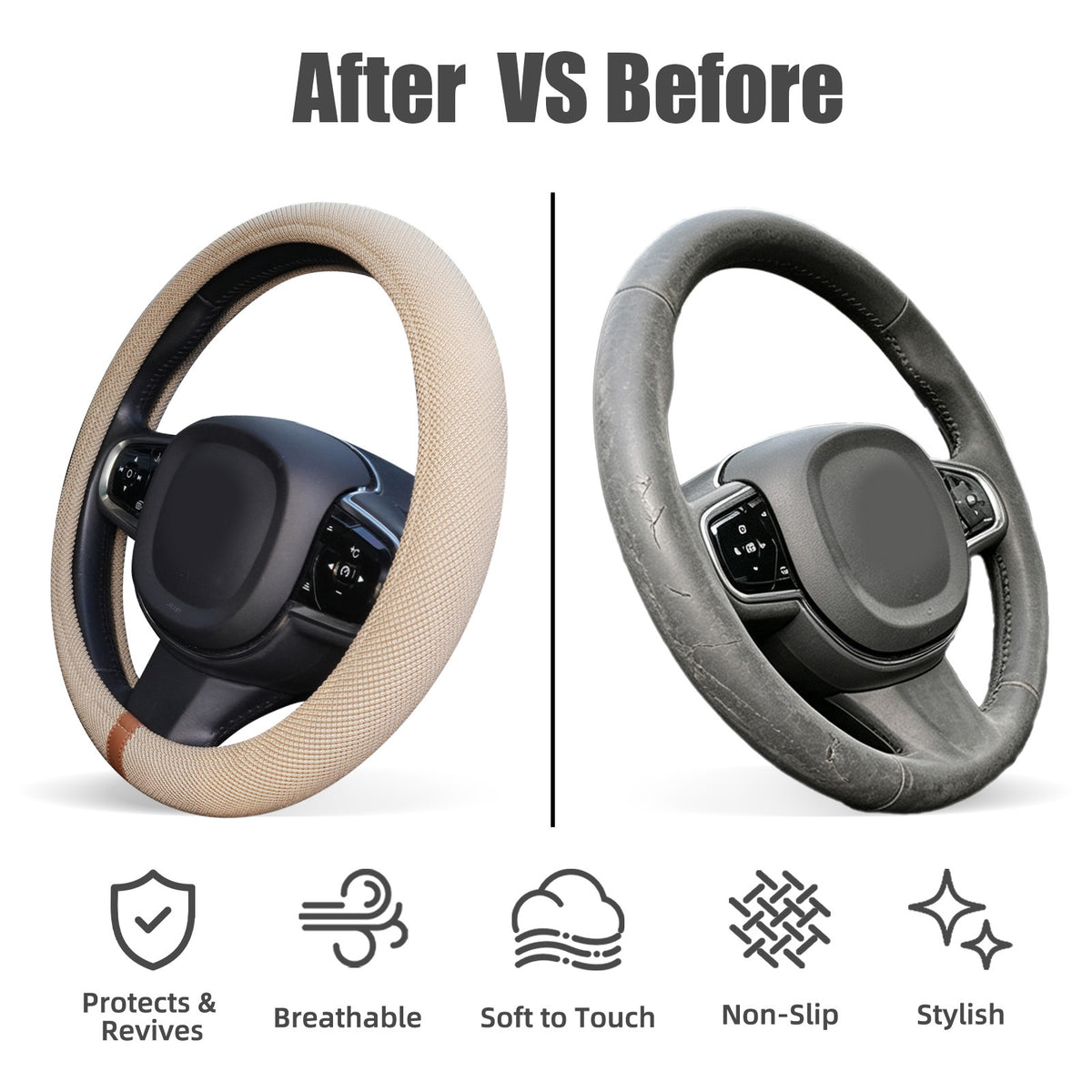 15" Silicone Steering Wheel Cover, Non-Slip Thermoregulating for All Season Breathable Car Steering Wheel Cover Protector Warmer Fits Round/D Shape, Warm in Winter Cool in Summer, Khaki Tan