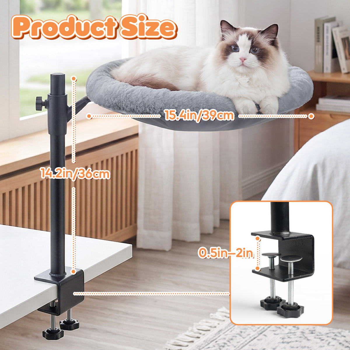 15 Inch Heated Cat Bed, Adjustable Desk Mounted Cat Bed Nest with Timer, 360° Rotating Gray Warming Cat Hammock bed, Fits Desks & Tables, for Small Middle Cats Indoor, Holds Up to 21lbs