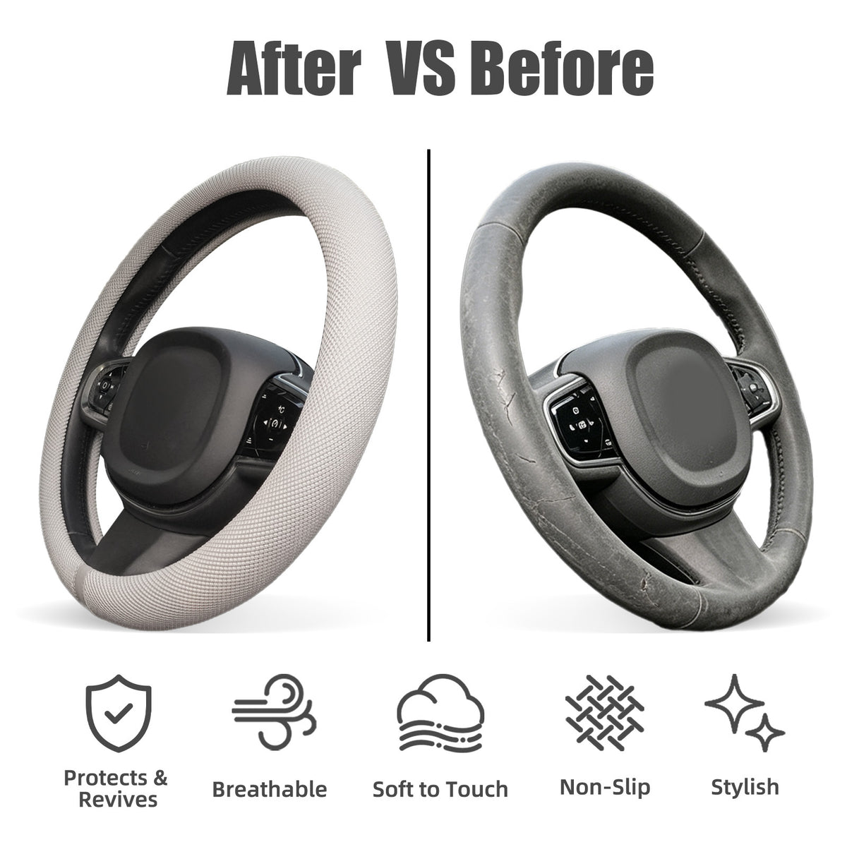 15 Inch Silicone Steering Wheel Cover for Women Thermoregulating All-Season Breathable Car Steering Wheel Protector Fits Round/D Shape, Warm in Winter Cool in Summer, Non-Slip Touch, White Gray