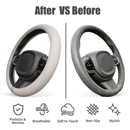 15 Inch Silicone Steering Wheel Cover for Women Thermoregulating All-Season Breathable Car Steering Wheel Protector Fits Round/D Shape, Warm in Winter Cool in Summer, Non-Slip Touch, White Gray