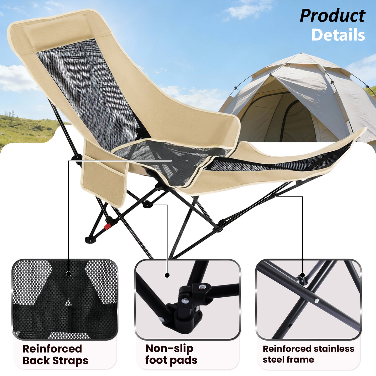 Reclining Camping Chair Lounge Chair with Footrest 3-Position Adjustable Portable Reclined Chair Folding Lounge Chair With Headrest & Storage Bag for Outdoor Lawn, Hiking, Picnic, Fishing, Khaki