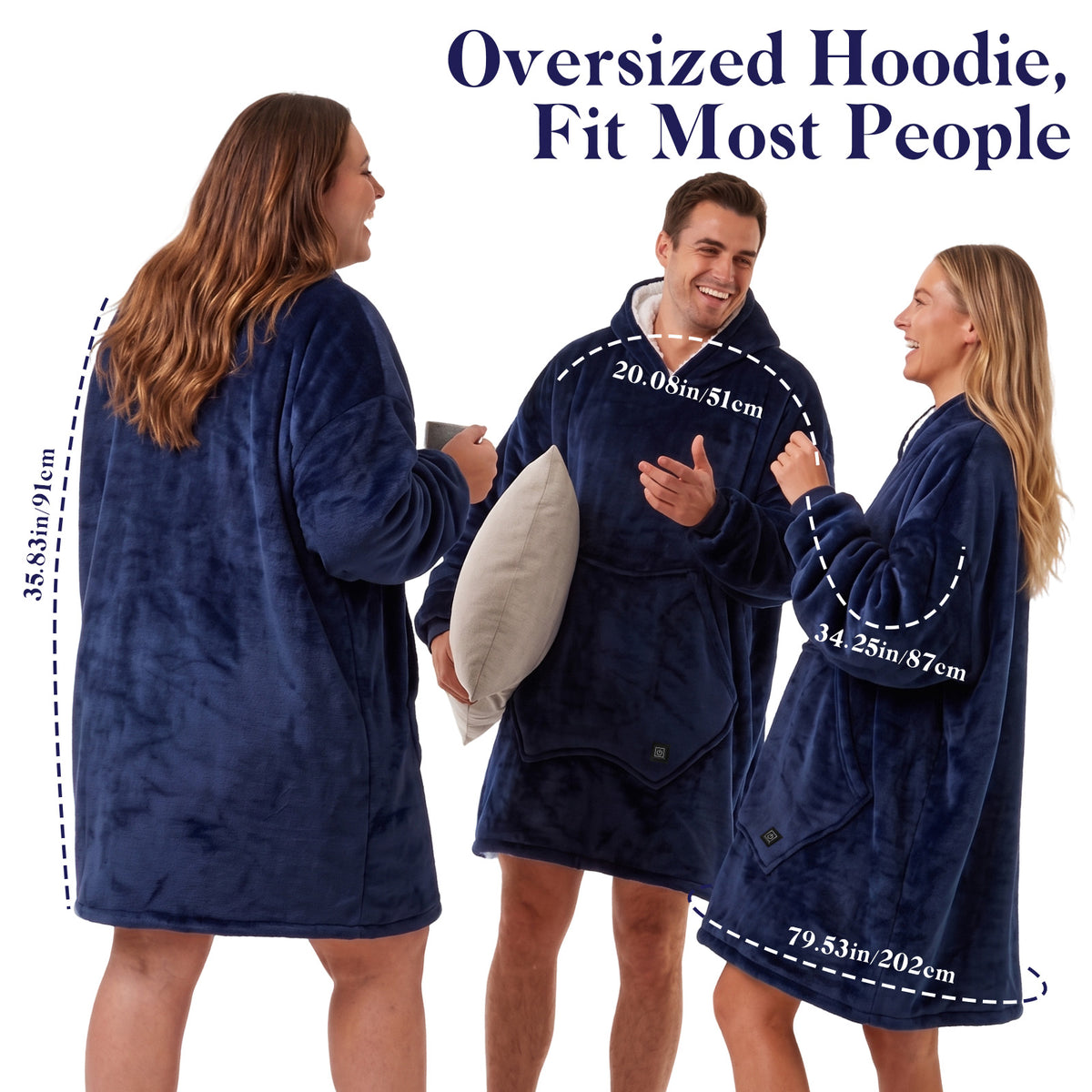 Dark Blue Cordless Electric Wearable Heated Blanket Hoodie with Pocket, Oversized Flannel & Sherpa USB Heated Hooded Blanket Sweatshirt for Men Women