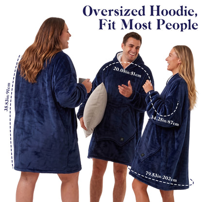Dark Blue Cordless Electric Wearable Heated Blanket Hoodie with Pocket, Oversized Flannel & Sherpa USB Heated Hooded Blanket Sweatshirt for Men Women