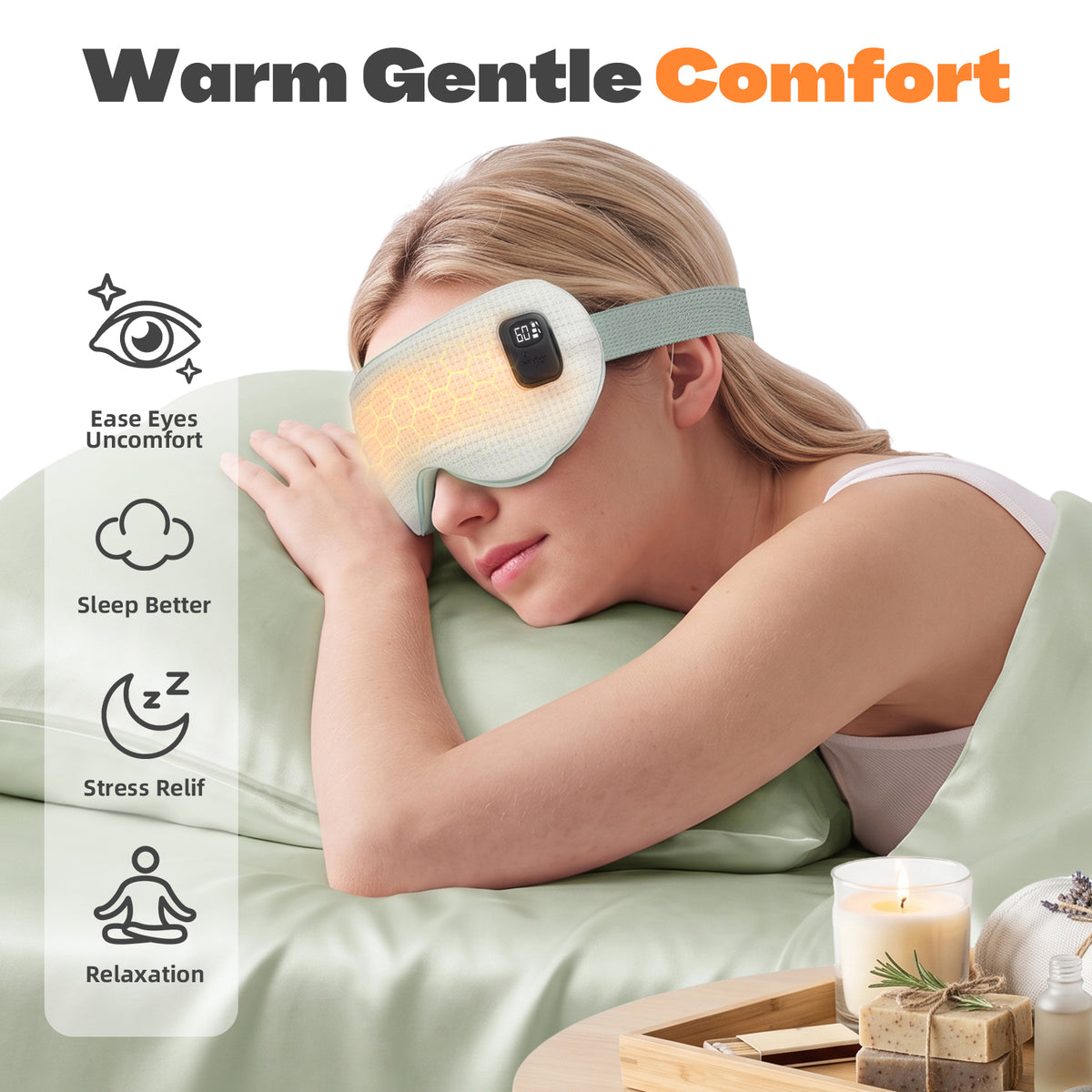 Silk Heated Eye Mask Cordless, Rechargeable Eye Heating Pad with Timer, Light Green 1500mAh Heated Dry Eye Mask, Electric Warm Eye Compress Mask for Sleep Xmas Gift for Her Men Women, Washable