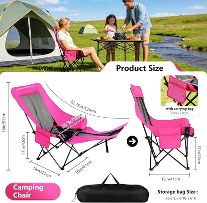 Hot Pink Reclining Lounge Camping Chair with Footrest 4-Position Adjustable Portable Reclined Chair Folding Lounge Chair With Headrest & Storage Bag for Outdoor Lawn, Hiking, Picnic, Fishing