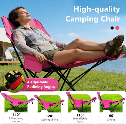 Hot Pink Reclining Lounge Camping Chair with Footrest 4-Position Adjustable Portable Reclined Chair Folding Lounge Chair With Headrest & Storage Bag for Outdoor Lawn, Hiking, Picnic, Fishing