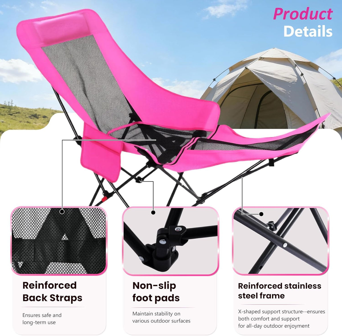 Hot Pink Reclining Lounge Camping Chair with Footrest 4-Position Adjustable Portable Reclined Chair Folding Lounge Chair With Headrest & Storage Bag for Outdoor Lawn, Hiking, Picnic, Fishing