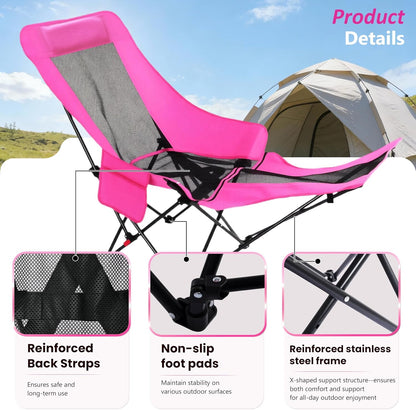 Hot Pink Reclining Lounge Camping Chair with Footrest 4-Position Adjustable Portable Reclined Chair Folding Lounge Chair With Headrest & Storage Bag for Outdoor Lawn, Hiking, Picnic, Fishing