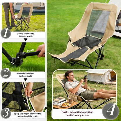 Reclining Camping Chair Lounge Chair with Footrest 3-Position Adjustable Portable Reclined Chair Folding Lounge Chair With Headrest & Storage Bag for Outdoor Lawn, Hiking, Picnic, Fishing, Khaki