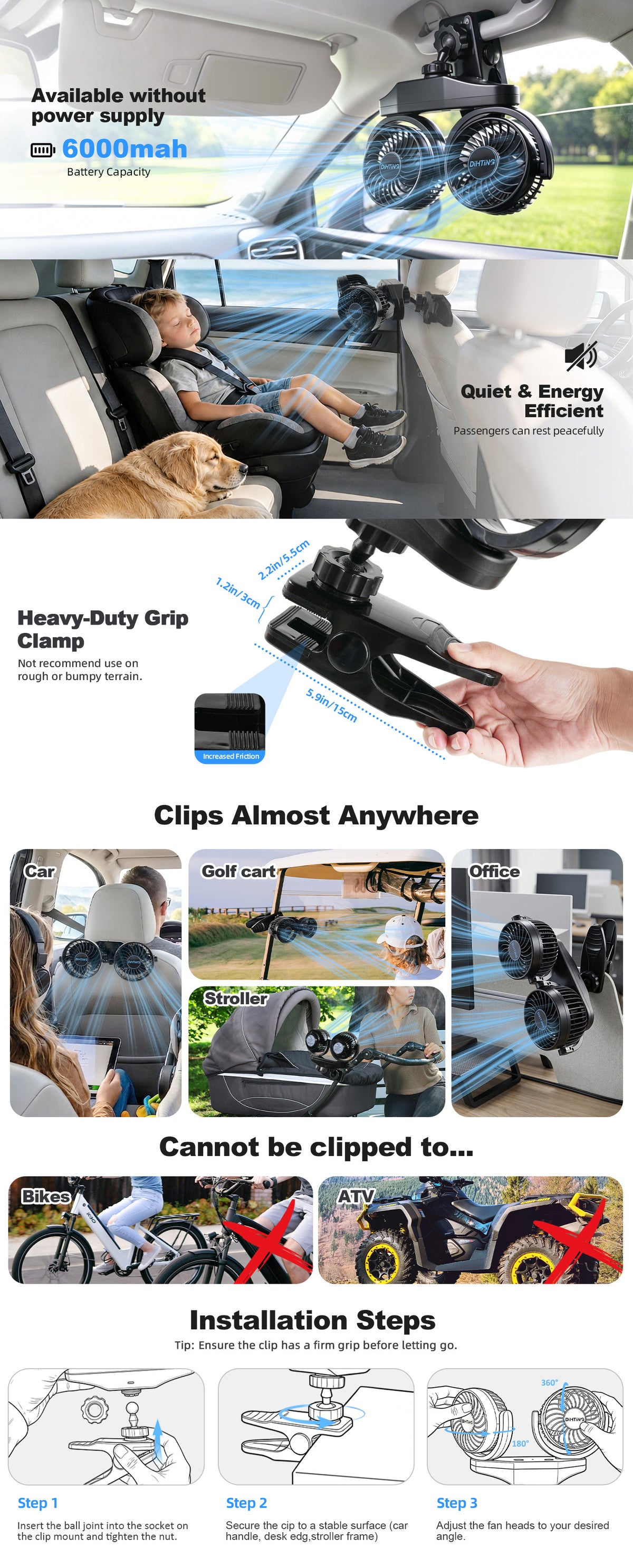6000mAh Rechargeable Dual Car Fan for Backseat, Separate Controlled 360° Rotatable Rechargeable Backseat Car Fans with USB Plug for Vehicles RV SUV Truck Golf Cart