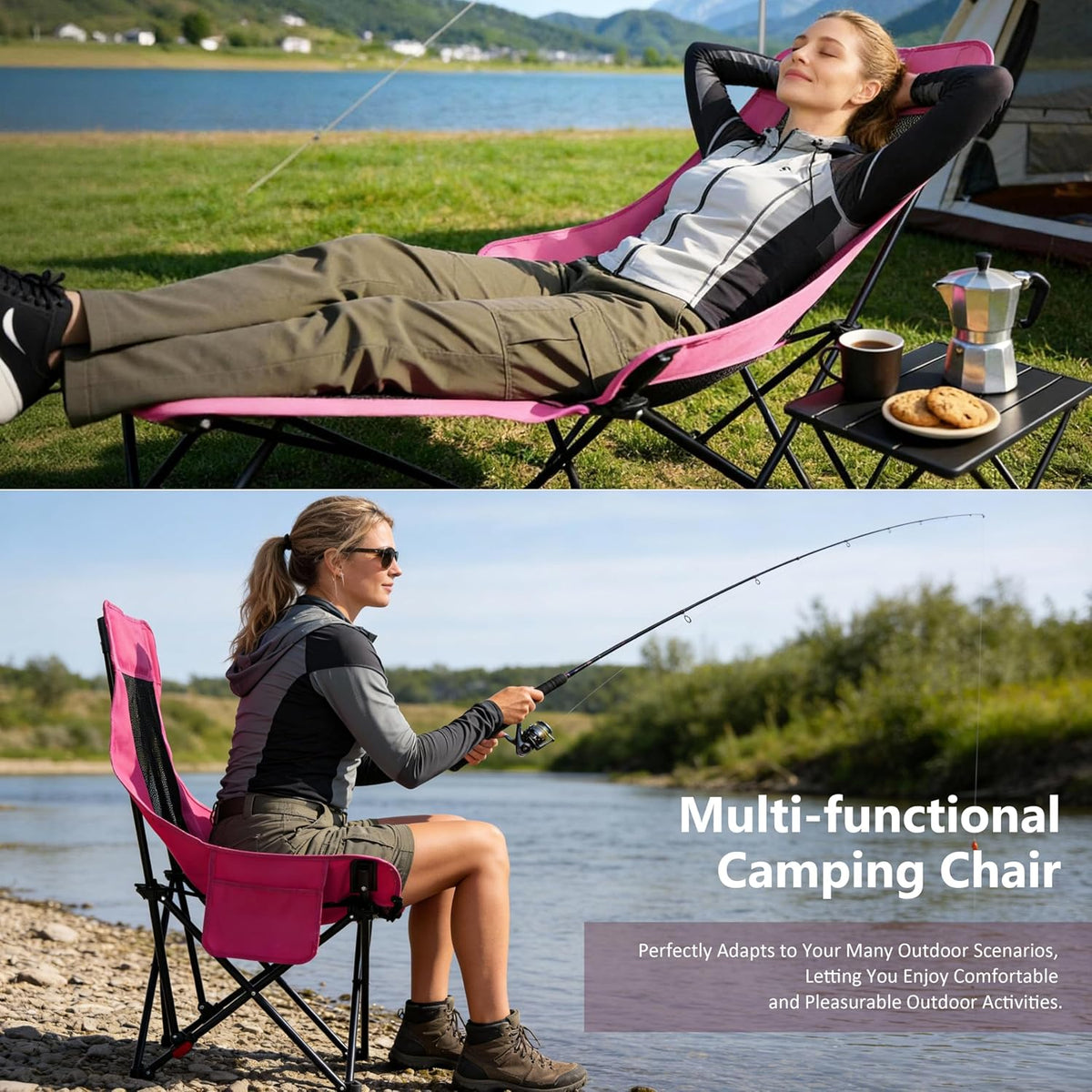 Hot Pink Reclining Lounge Camping Chair with Footrest 4-Position Adjustable Portable Reclined Chair Folding Lounge Chair With Headrest & Storage Bag for Outdoor Lawn, Hiking, Picnic, Fishing