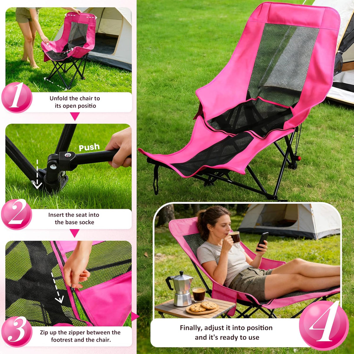 Hot Pink Reclining Lounge Camping Chair with Footrest 4-Position Adjustable Portable Reclined Chair Folding Lounge Chair With Headrest & Storage Bag for Outdoor Lawn, Hiking, Picnic, Fishing