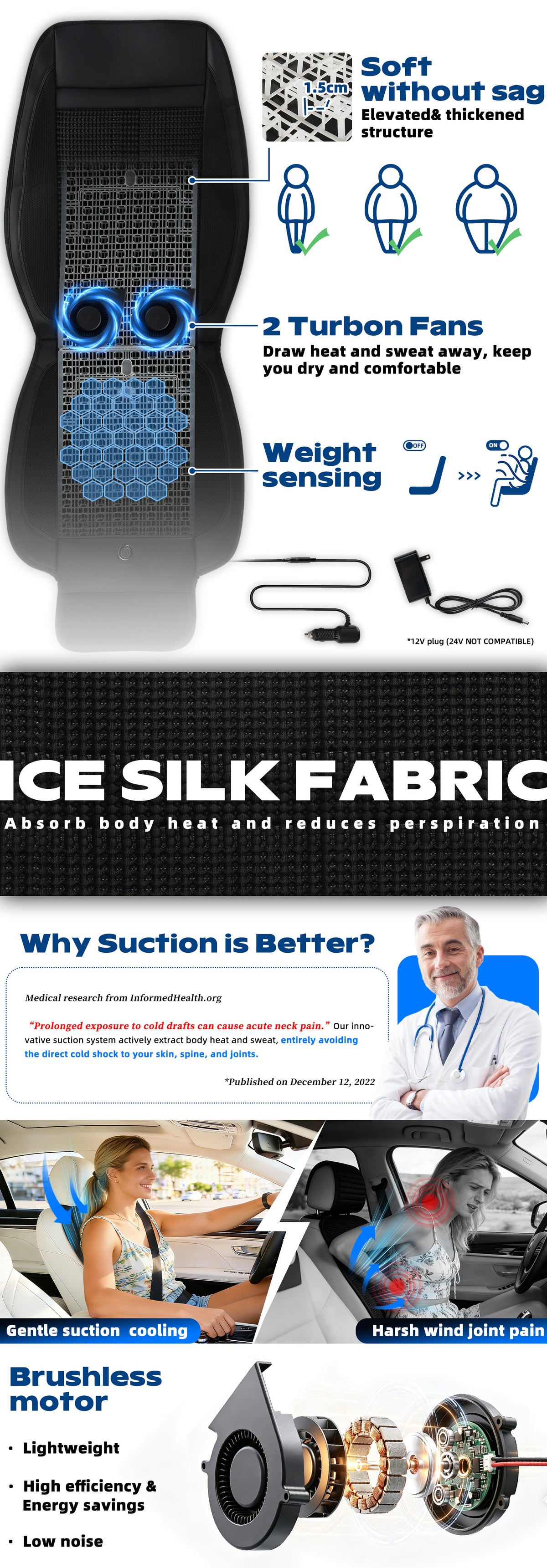Ventilated Cooling Car Seat Cover for Cars with Breathable Ice Silk Breathable Car Seat Cushion with Weight Sensing, Universal Fit for Cars, Vans, Suvs, Trucks, Non-Slip 3D Mesh