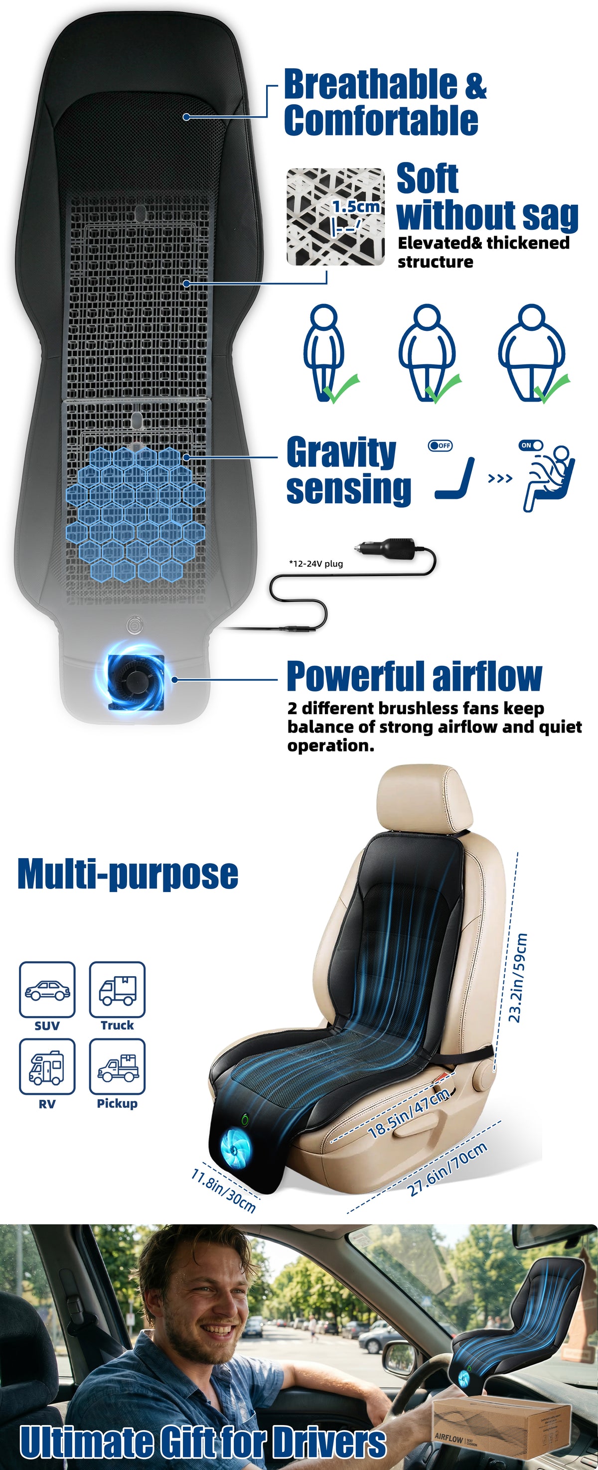3-Speed Black Car Seat Cover Front Seats with Weight Sensing for Car SUV 12-24V Air-Cooled Car Seat Cushion Protcetor with Weight Sensing, Universal Fit for Truck Office, Non-Slip Breathable 3D Mesh