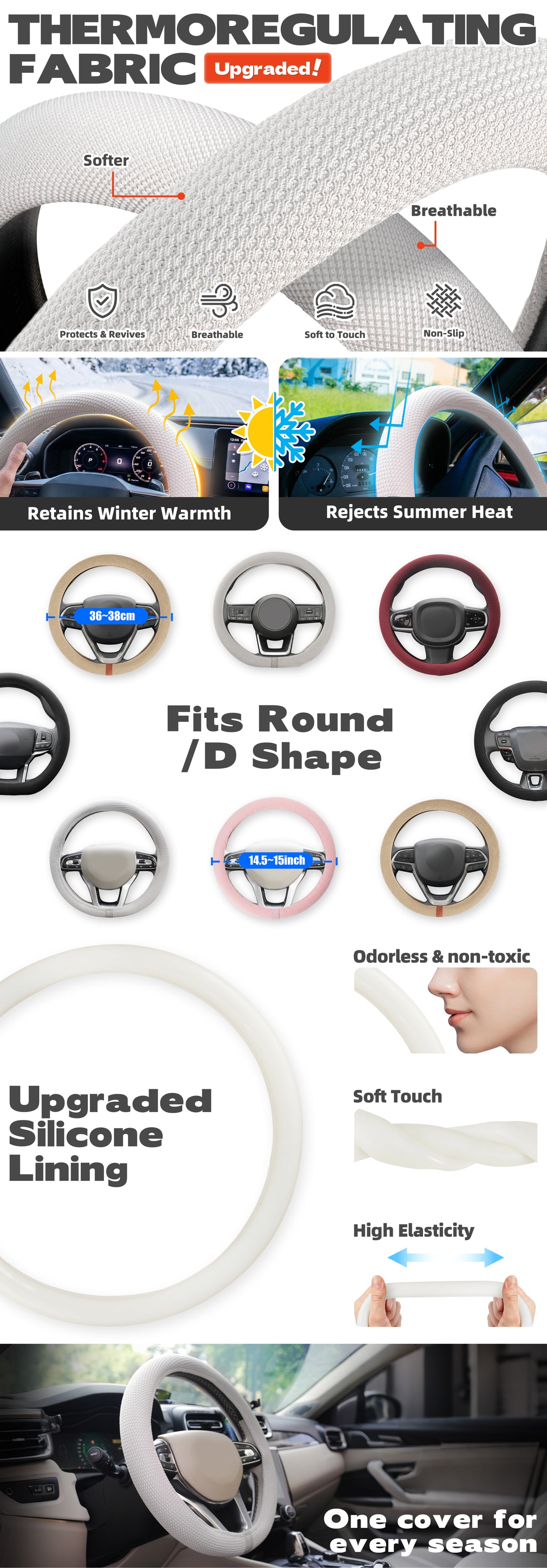 White Gray Upgraded Silicone Steering Wheel Cover Women, Warm in Winter Cool in Summer, 15 Inch Thermoregulating Breathable Car Steering Wheel Accessories Non-Slip for Women Men, Fits Round/D Shape