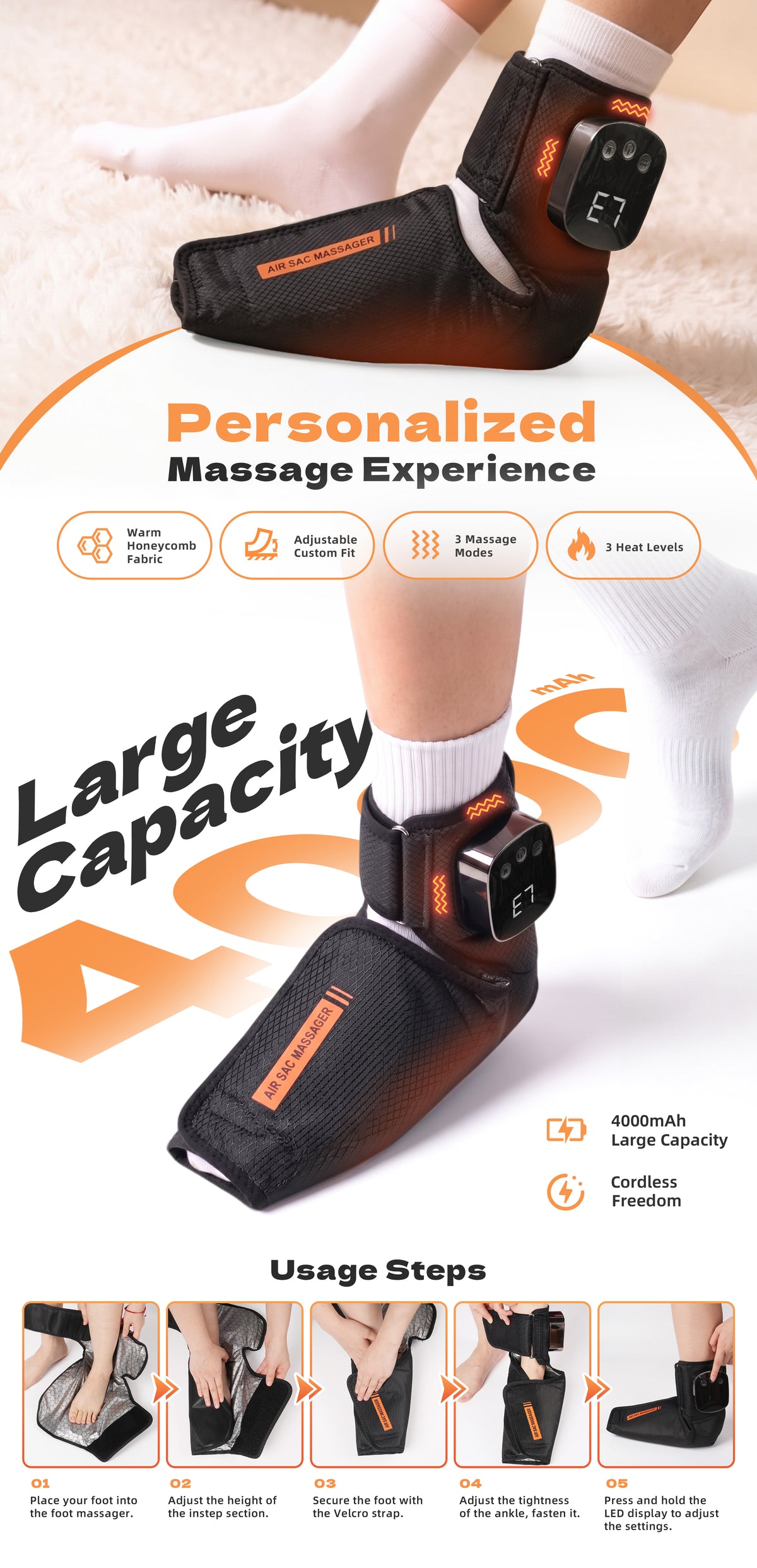 1 Pack Air Compression Foot and Ankle Massager with Heat for Men Women, 4000mAh