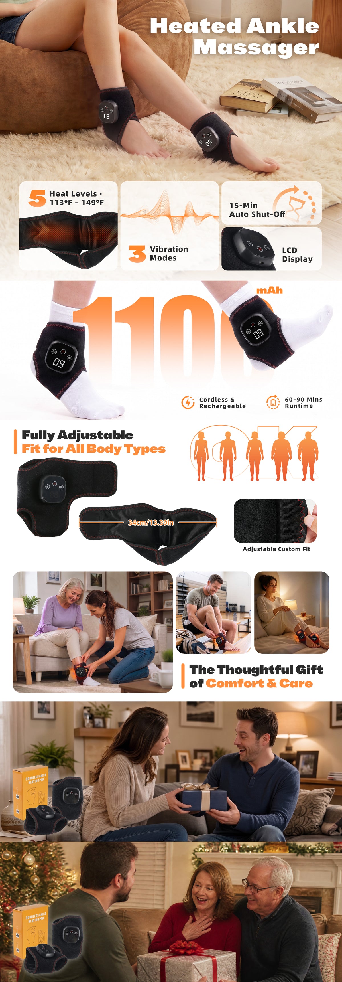 2Pcs Cordless Foot and Ankle Massager with Heat for Pain Relief Neuropathy, 3 Vibration & 5 Heat Levels