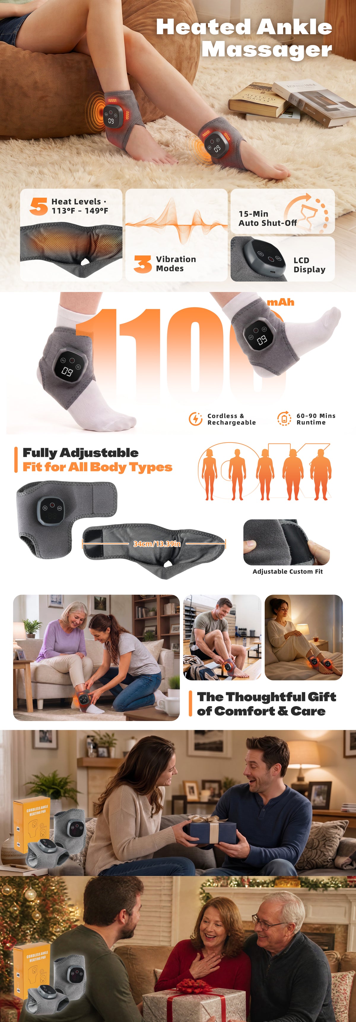2Pcs Cordless Foot and Ankle Massager with Heat for Pain Relief Neuropathy, 3 Vibration & 5 Heat Levels