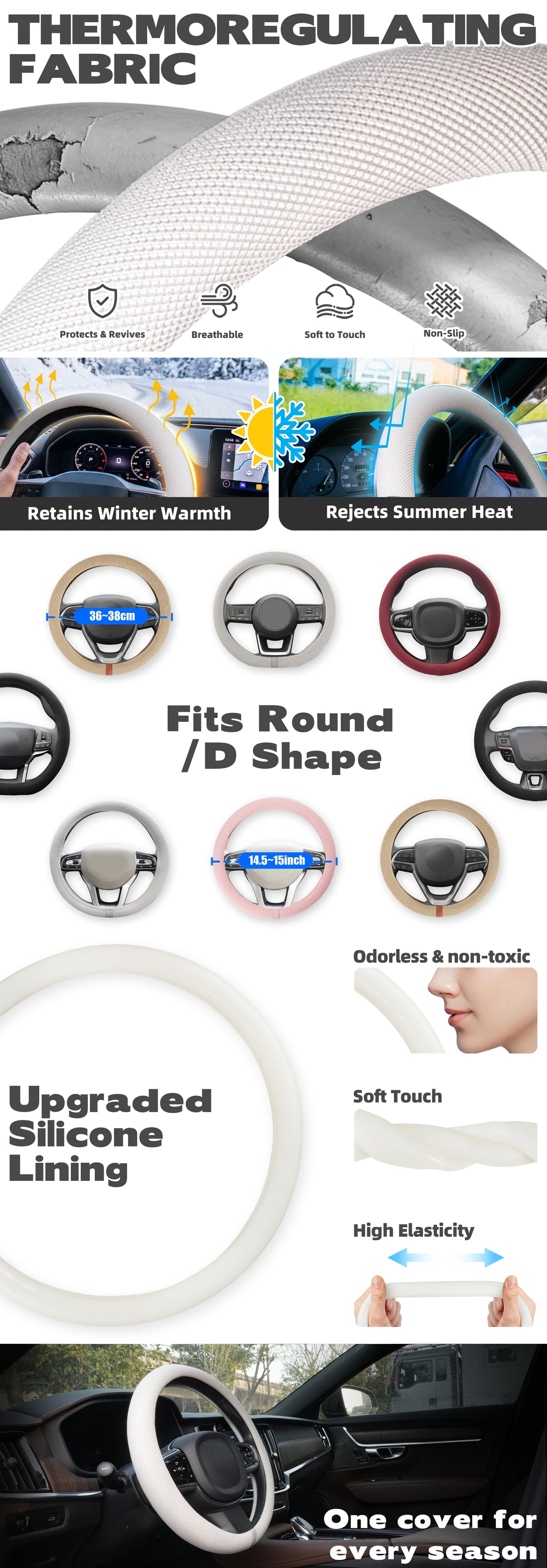 15 Inch Silicone Steering Wheel Cover for Women Thermoregulating All-Season Breathable Car Steering Wheel Protector Fits Round/D Shape, Warm in Winter Cool in Summer, Non-Slip Touch, White Gray