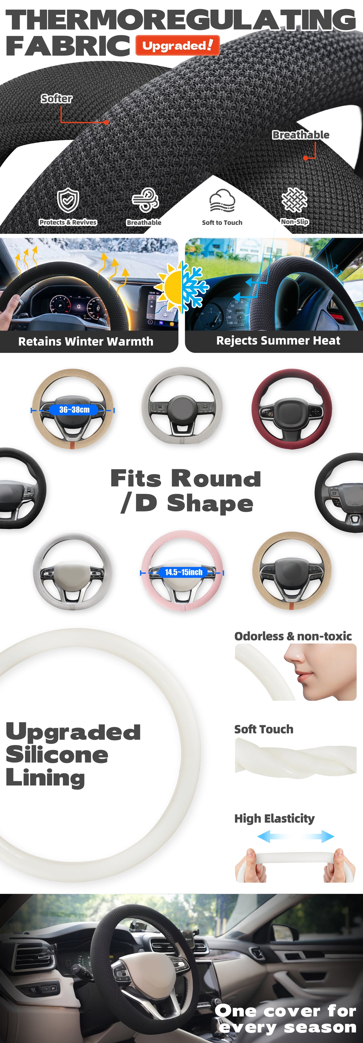 15“ Upgraded Black Steering Wheel Cover Men, Warm in Winter Cool in Summer, Thermoregulating Breathable Silicone Car Steering Wheel Cover Protector Non-Slip, Car Accessories Fits Round/D Shape