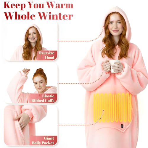 Pink Wearable Heated Blanket Hoodie